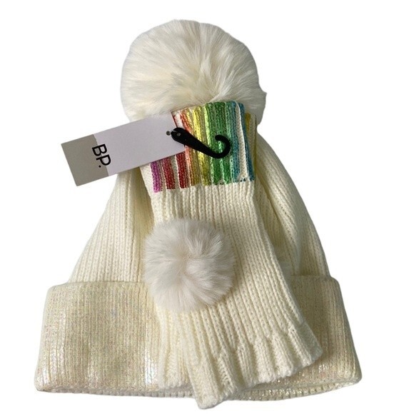 BP Nordstrom Ivory Multi Color Metallic Pom Pom Beanie Hat Wrist Warmer Set - Picture 1 of 11